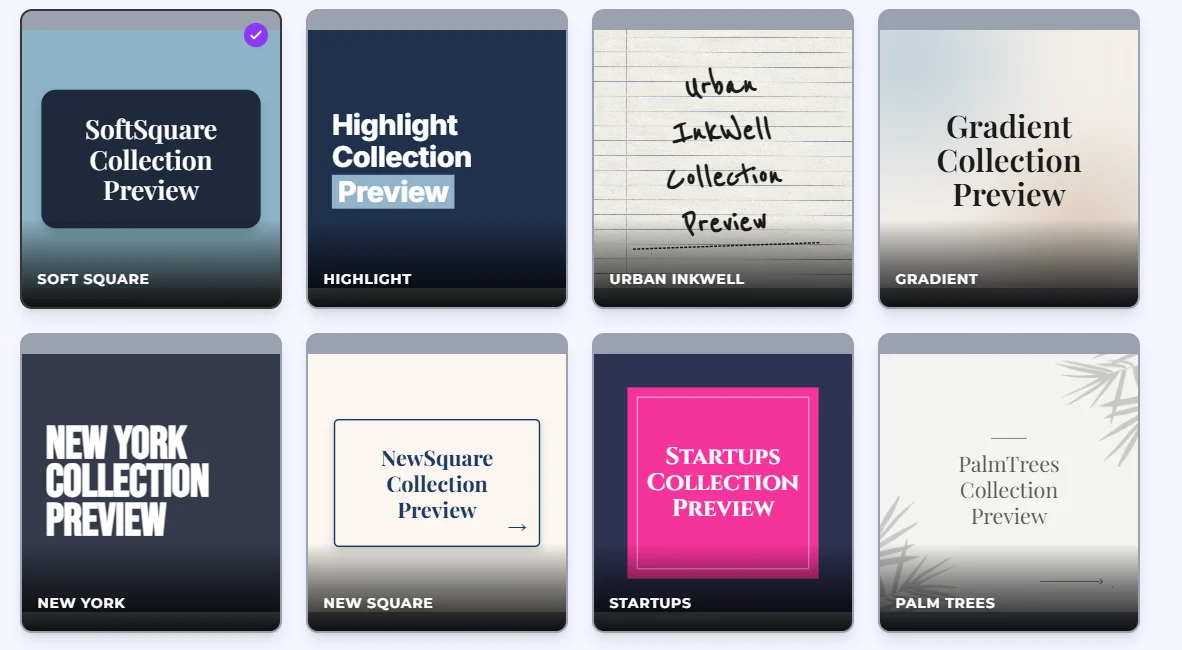 Maxolot design collection picker showing Soft Square, Highlight, Urban Inkwell and Gradient