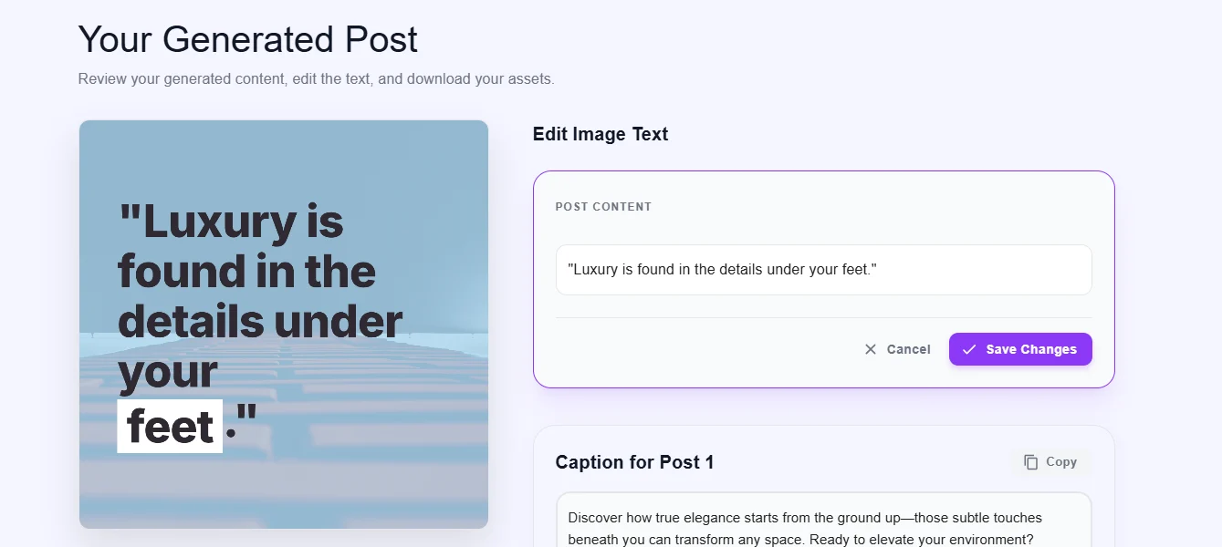 Maxolot editor showing the generated post with editable text, caption and download button