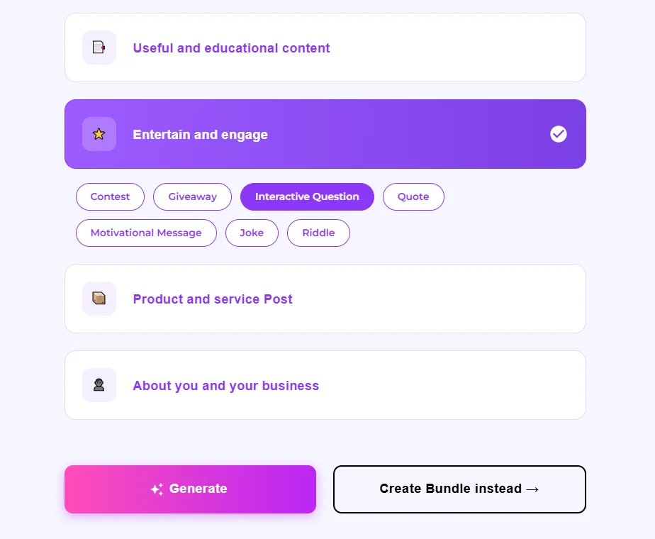 Maxolot Post Creation Tool with Interactive Question selected under the Entertain and engage pillar