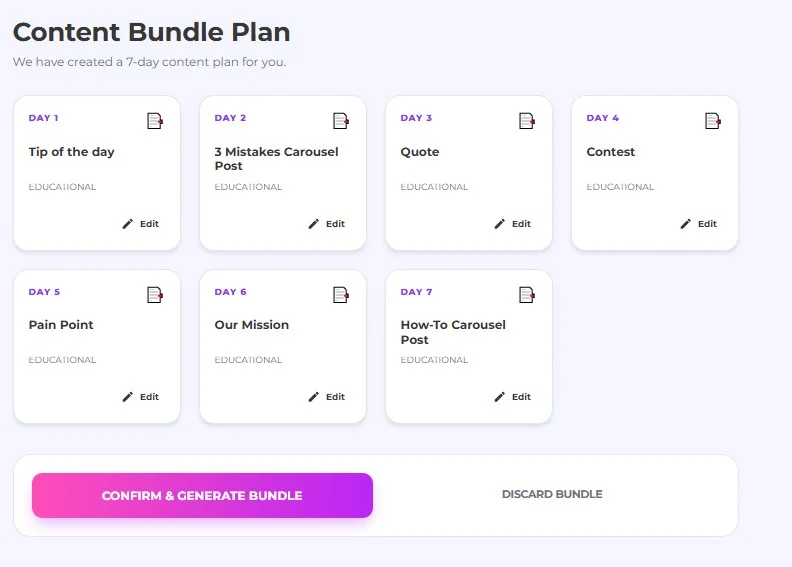 Maxolot Content Bundle Plan showing 7 days of Educational post types — Tip of the day, 3 Mistakes Carousel Post, Quote, Contest, Pain Point, Our Mission and How-To Carousel Post
