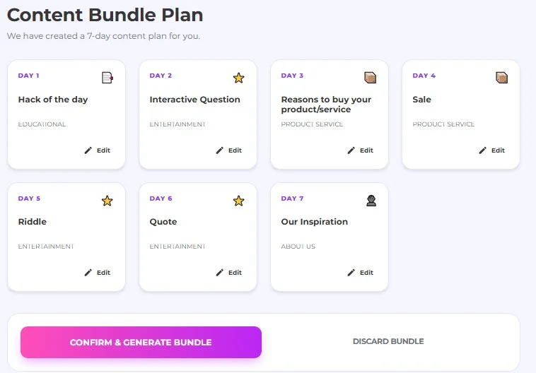 Maxolot Content Bundle Plan showing a 7-day mix of post types across the Educational, Entertainment, Product & Service and About Us pillars