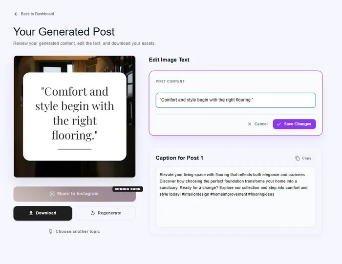 Edit the template text, then download or regenerate the post in Maxolot