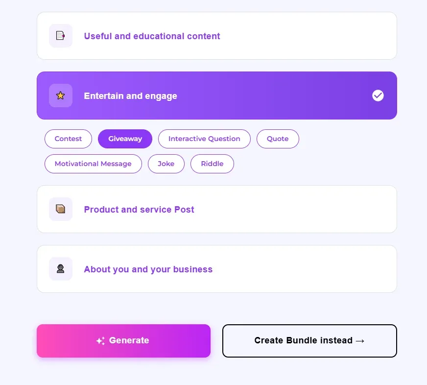 Maxolot content-type selection screen — choosing an Entertain and engage topic like Giveaway