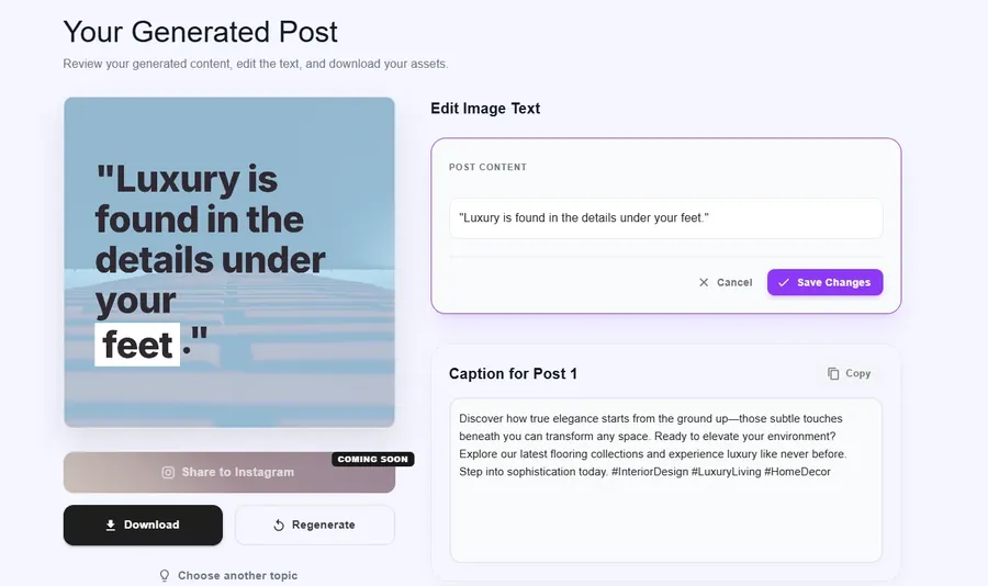 Maxolot generated post review screen — edit the image text, caption, then download